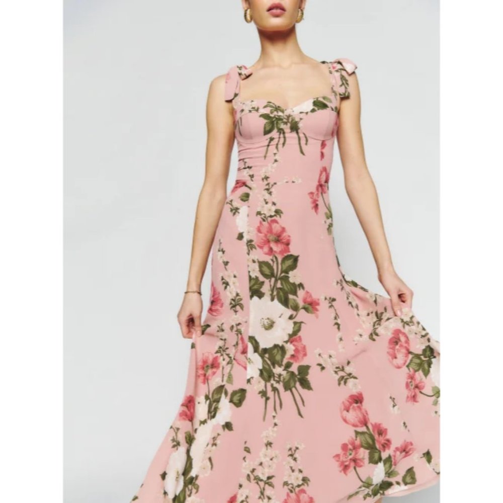 NWT Reformation Nadira Dress in Rose Garden Pink Floral Midi Tie Straps